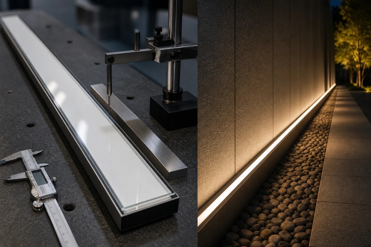 Why should the outdoor linear luminaire glass cover focus on controlling straightness and flatness?