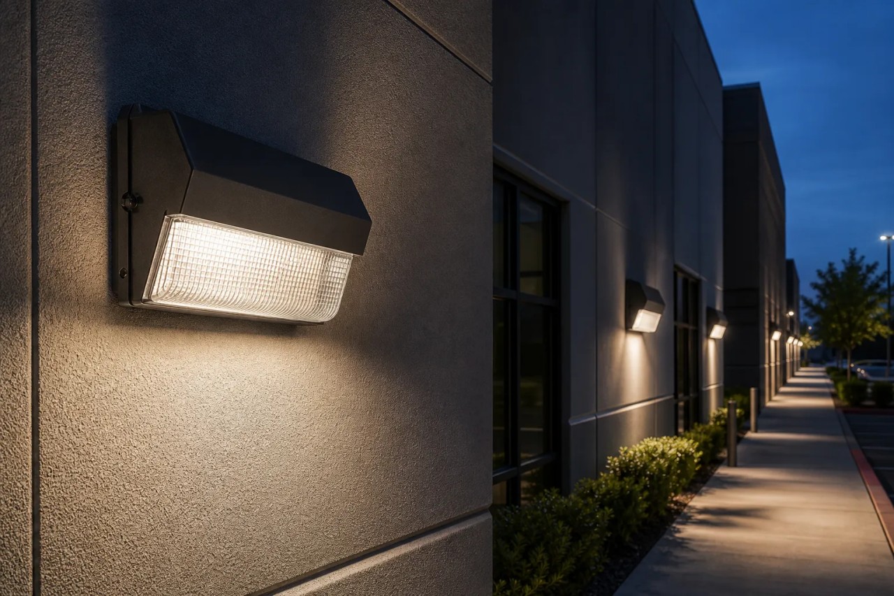 How does the glass cover of the outdoor wall luminaire take into account security brightness and visual comfort?