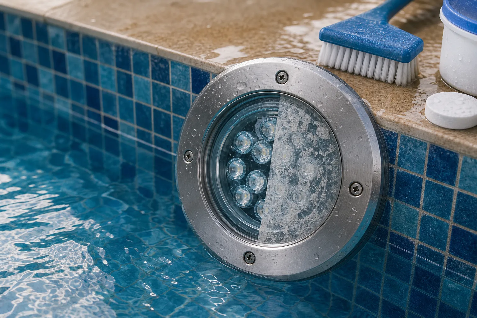 How do pool light glass pieces handle chlorine, scale and detergents?