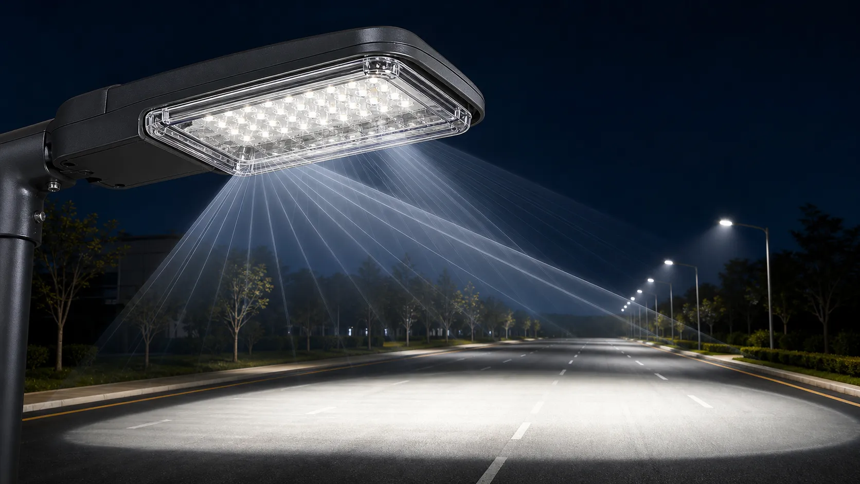 How do road lighting glass lenses affect the light distribution curve?