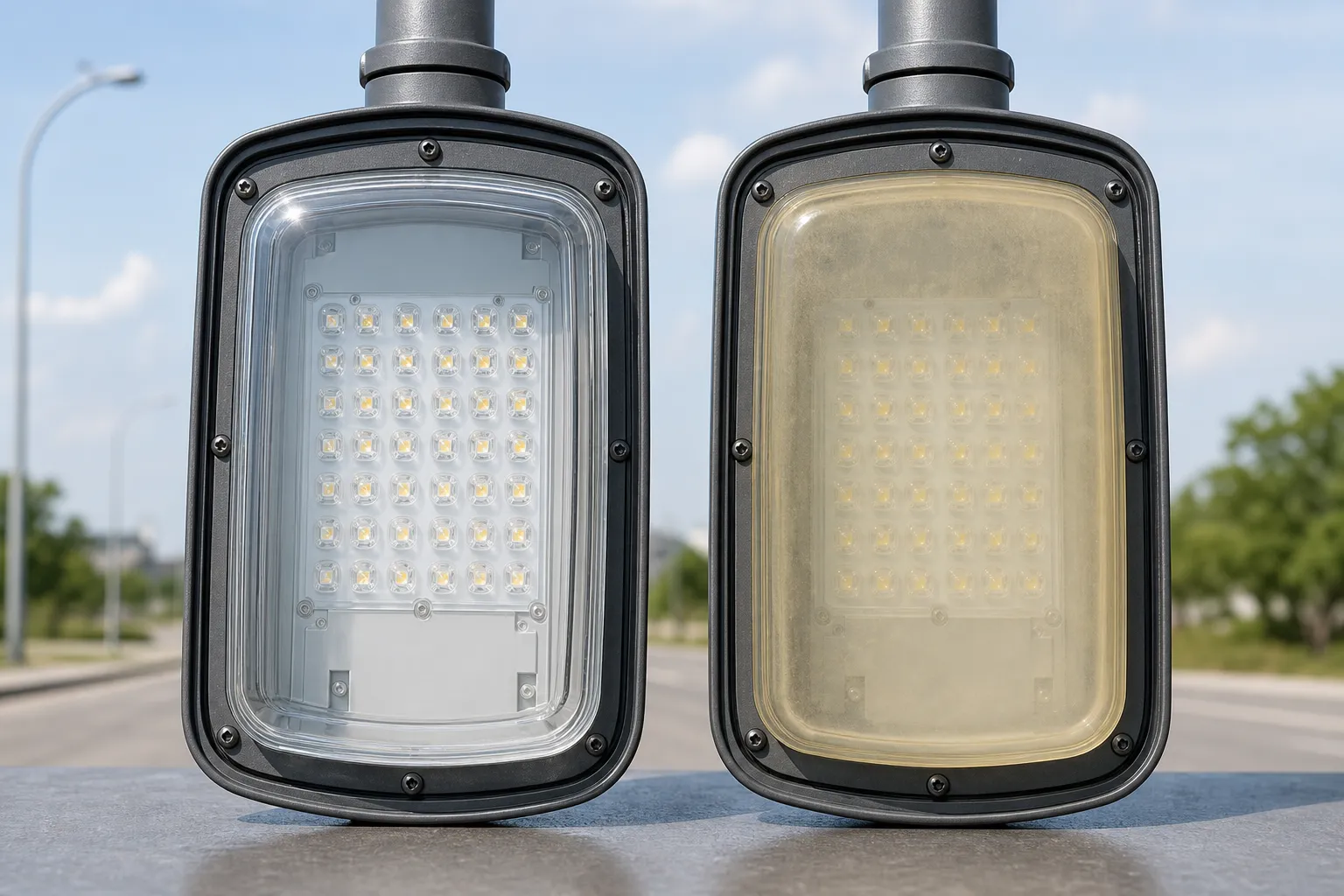 Will the glass of road luminaires turn yellow or become cloudy after long-term outdoor use?