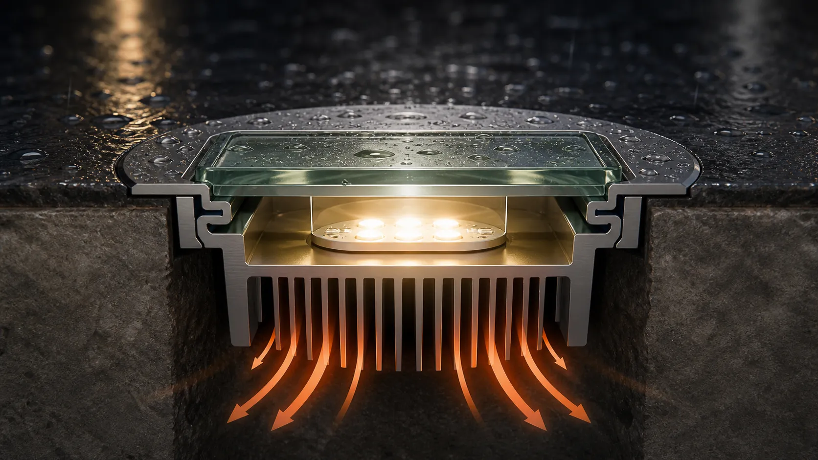How does the glass of small outdoor lighting fixtures take into account both watersampling and heat dissipation?