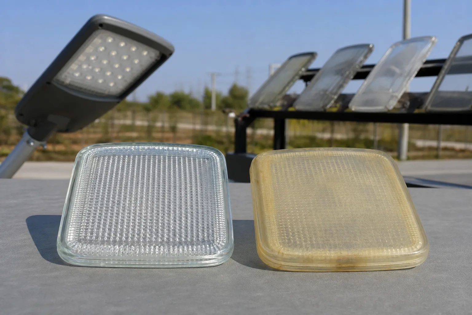 What is the difference in outdoor life between street luminaire glass lenses and plastic lenses?