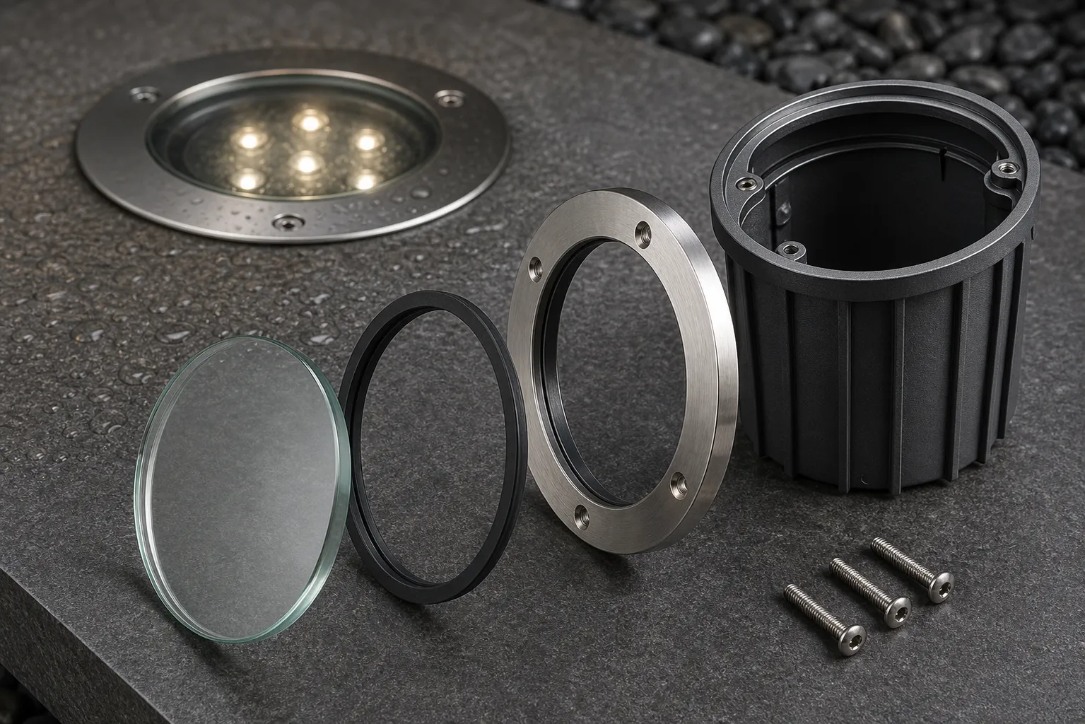 How do underground light glass components fit into stainless steel or aluminum alloy shells?