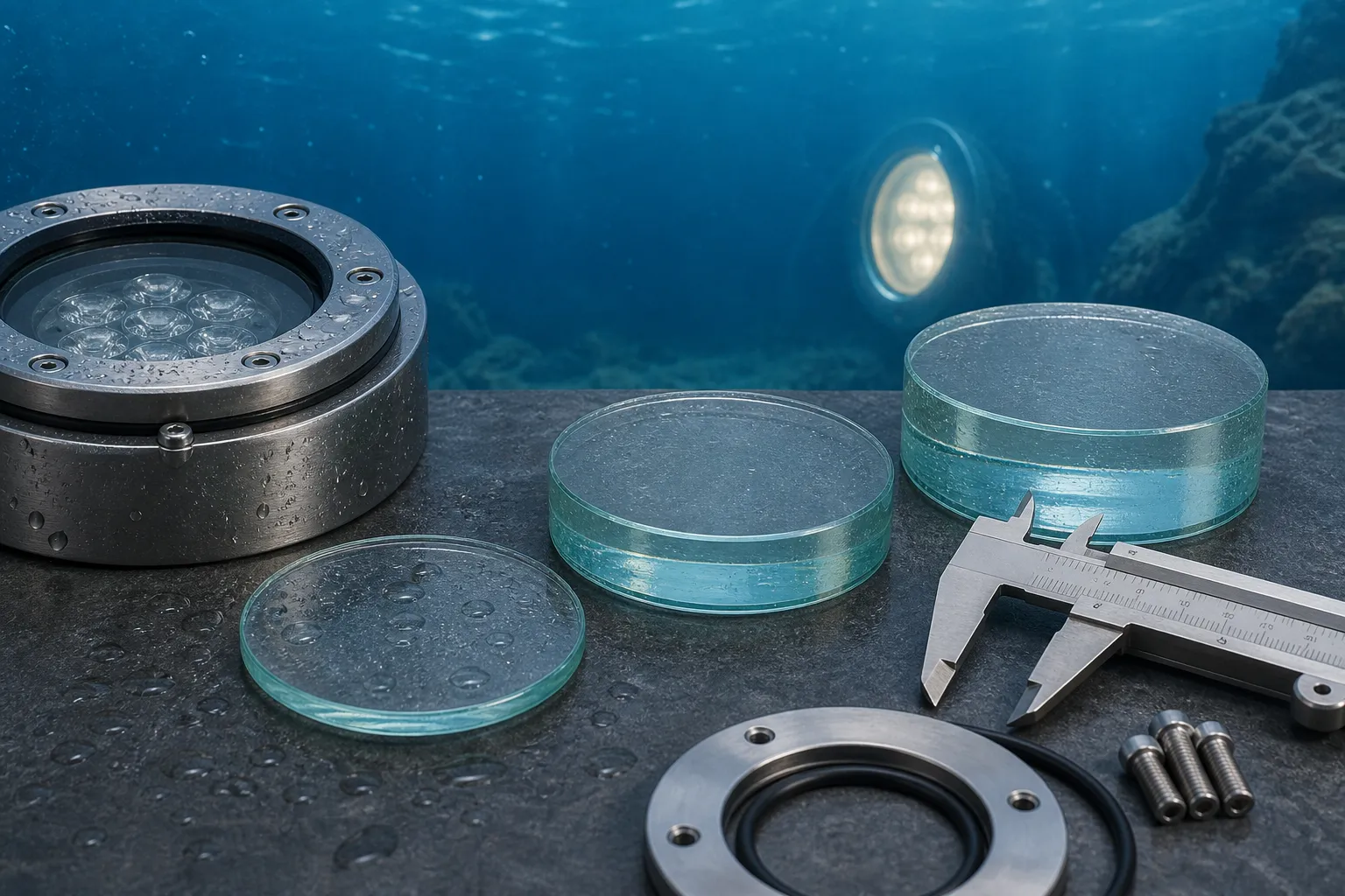 How is the thickness of underwater light glass determined based on water pressure and structure?