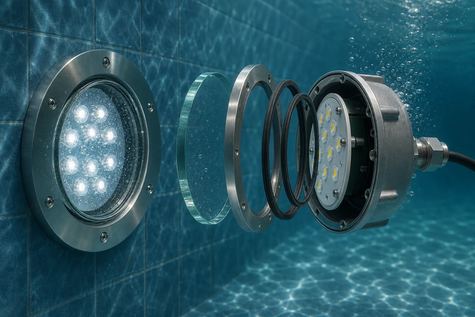 How do underwater luminaire glass components help the complete luminaire achieve IP68 long-term water immersion protection?