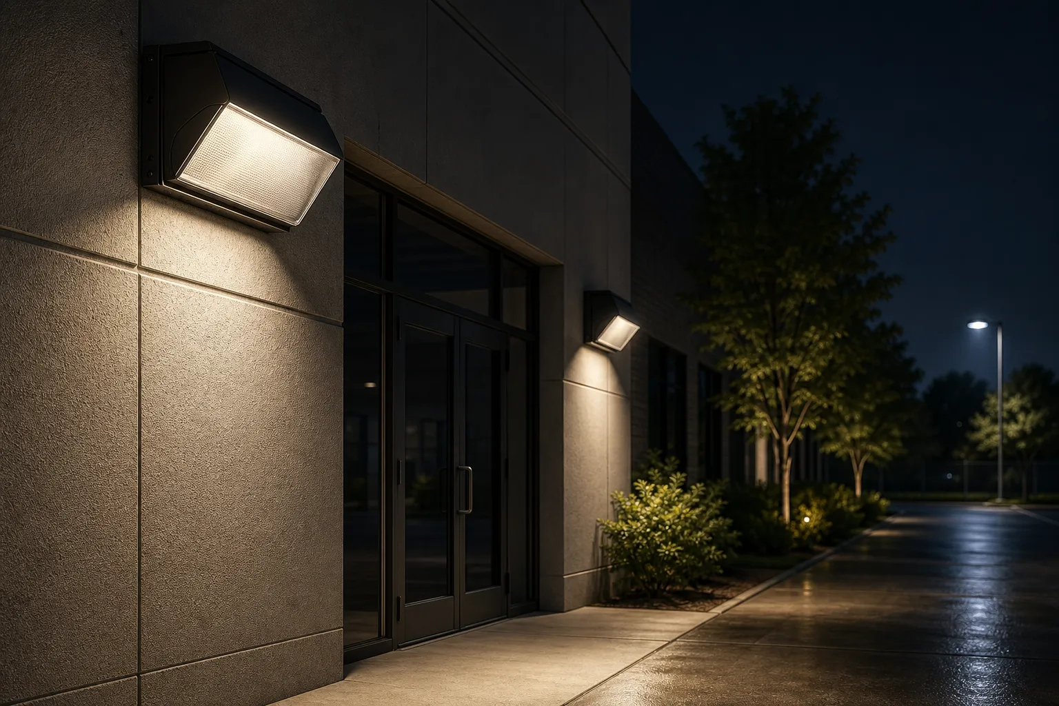 How does the wall-mounted light glass cover reduce the glare of security lighting at night?