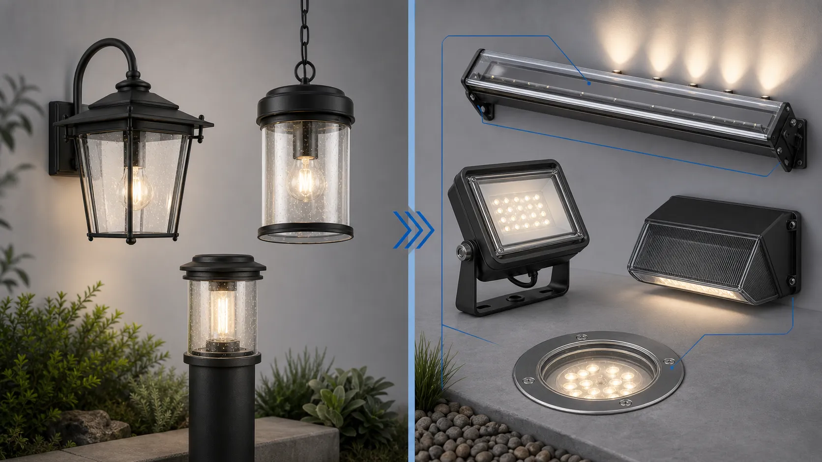 Which outdoor light fixtures require glass shades, and which ones are better suited to glass covers?
