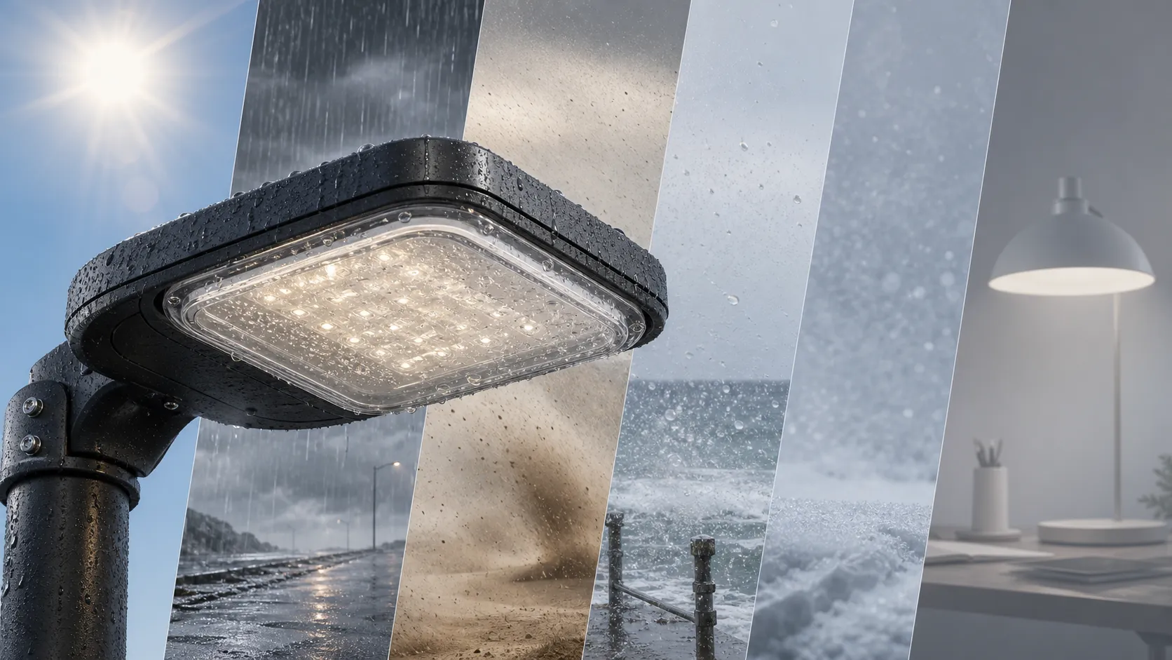 Why do outdoor lighting fixtures rely more on weather-resistant glass pieces than indoor lighting fixtures?
