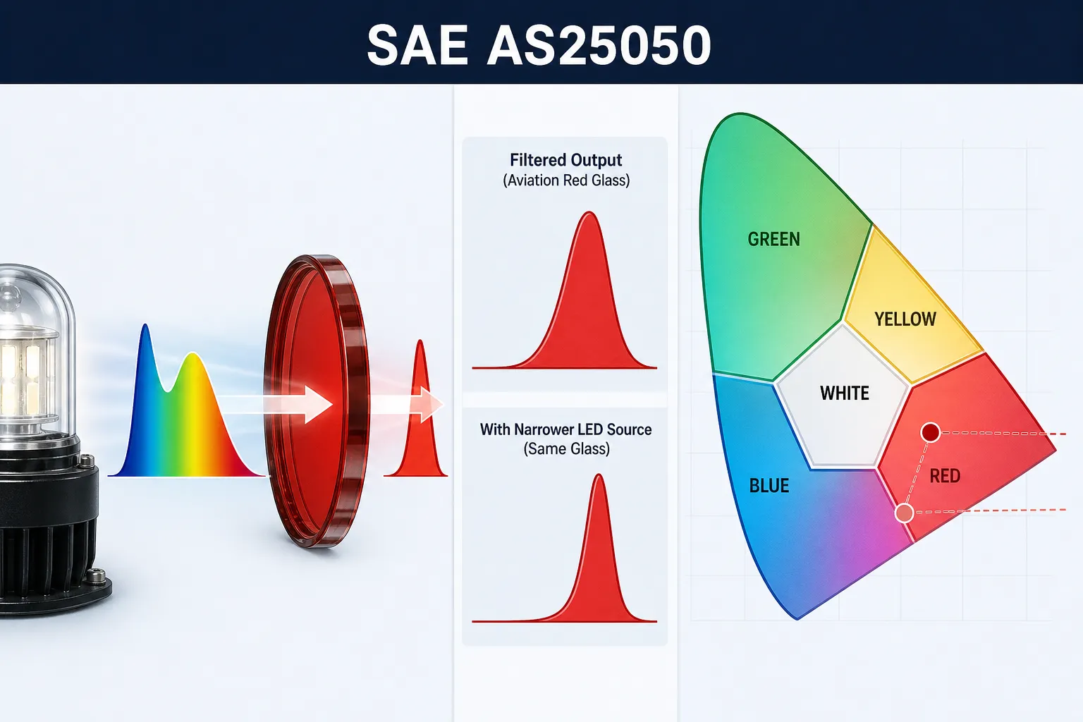 13. What does SAE AS25050 control, and why does it matter to colored glass?