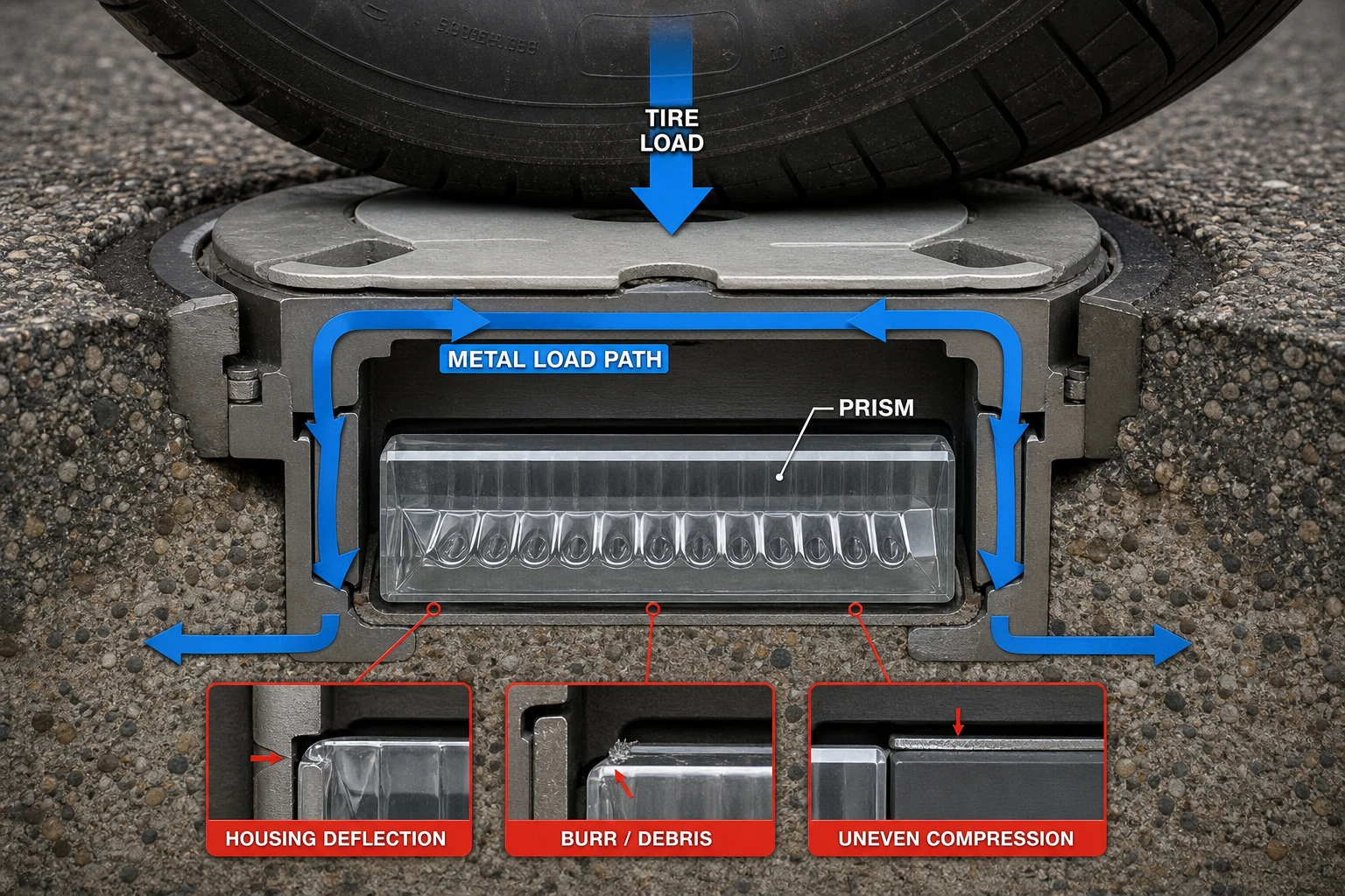 33. How do aircraft wheel loads reach the glass prism?