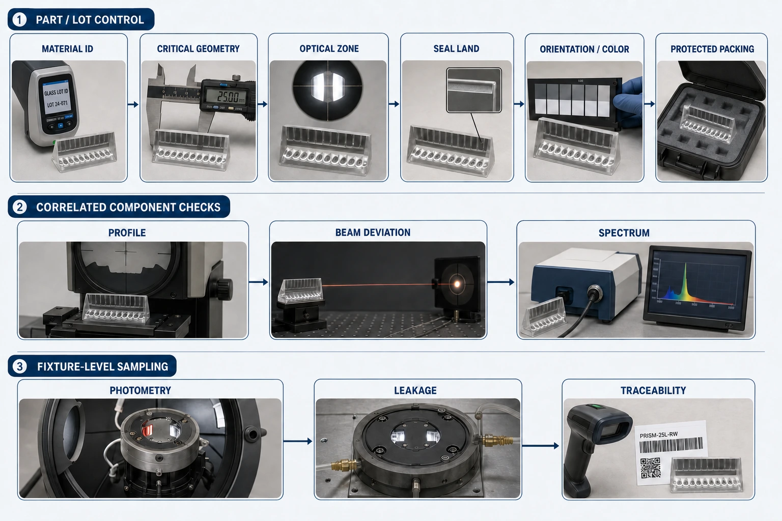 40. What production tests are appropriate for inset-light prisms?