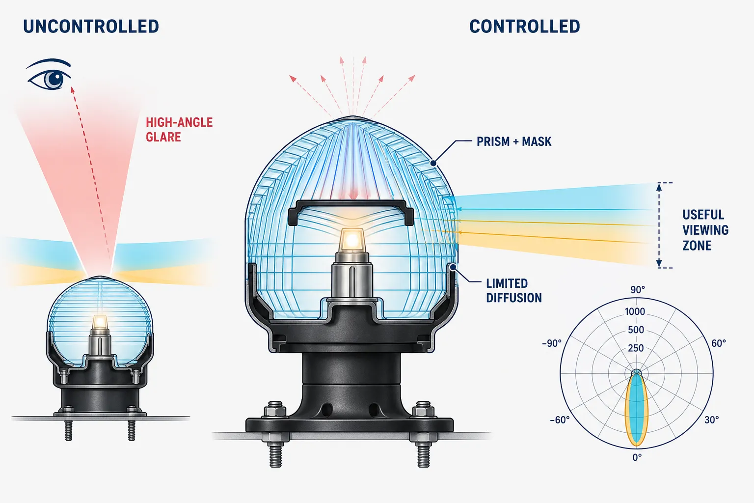 48. How can elevated-light glass reduce glare while preserving recognition?