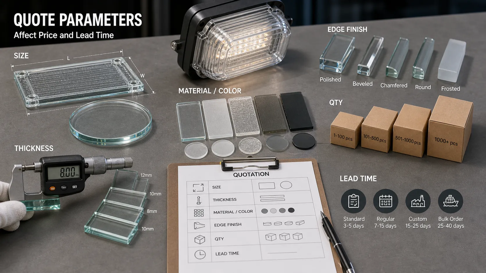 Before quoting glass components for outdoor lighting fixtures, what parameters will directly affect the price and delivery time?