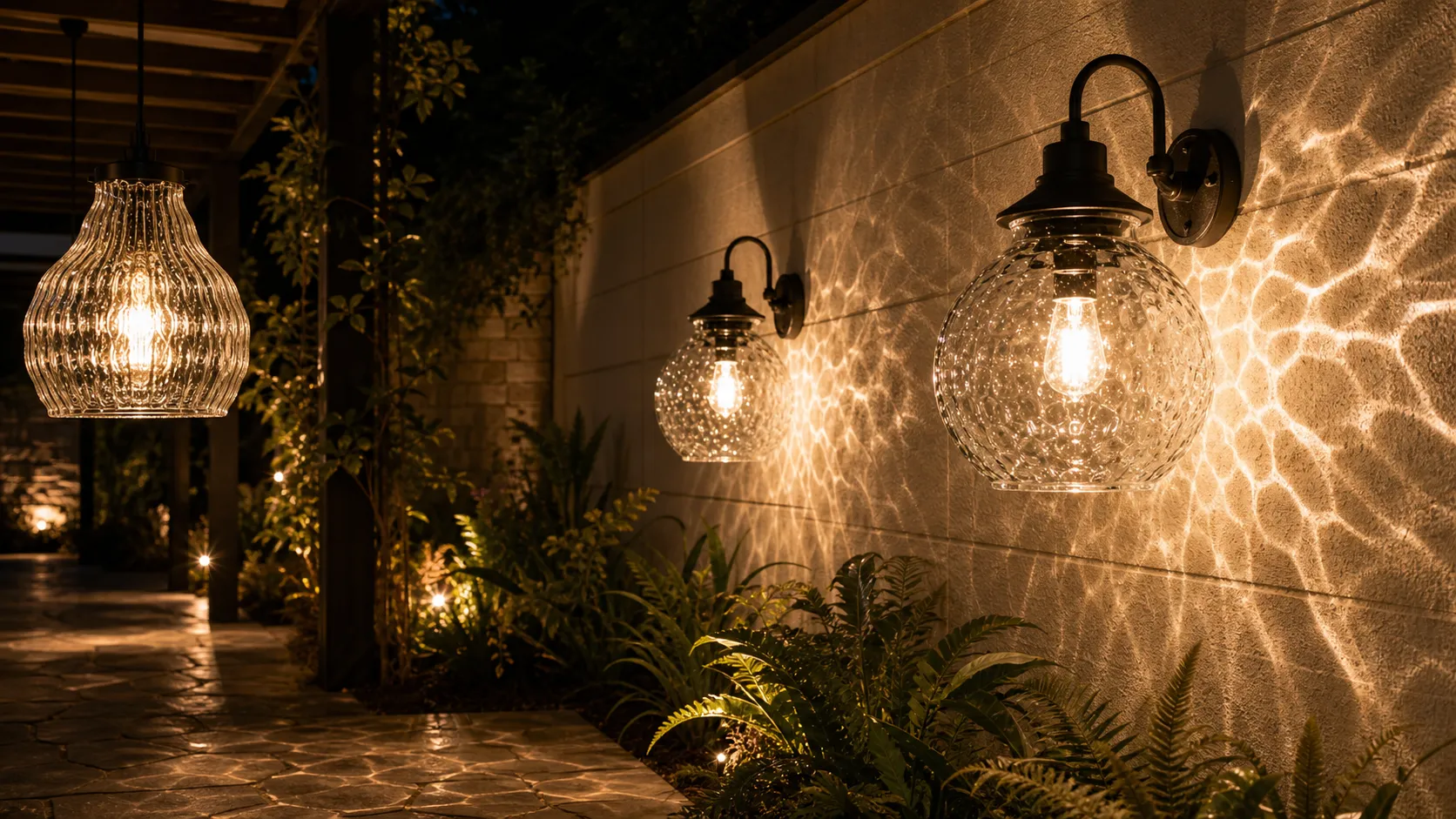 How do bubble glass and water corrugated glass affect the light and shadow effects of outdoor luminaires?