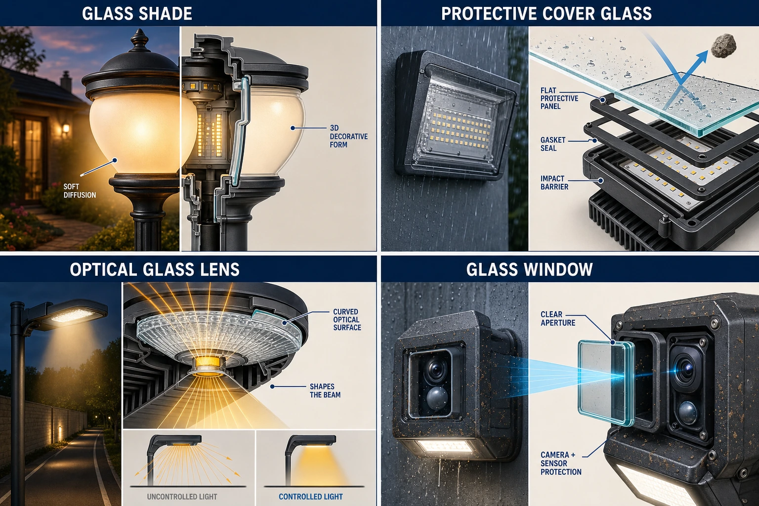 Detailed functional cutaway showing a diffusing glass shade, gasket-sealed protective cover glass, beam-shaping optical glass lens and camera-protecting glass window