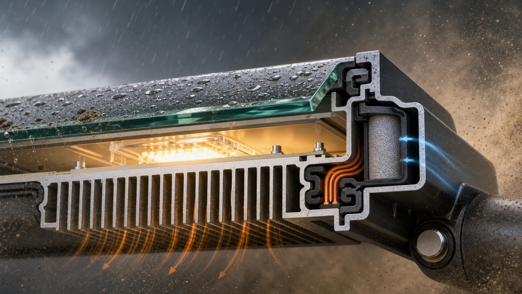 How do the glass components of outdoor luminaires cooperate with the complete luminaire structure to take into account dust prevention and heat dissipation?