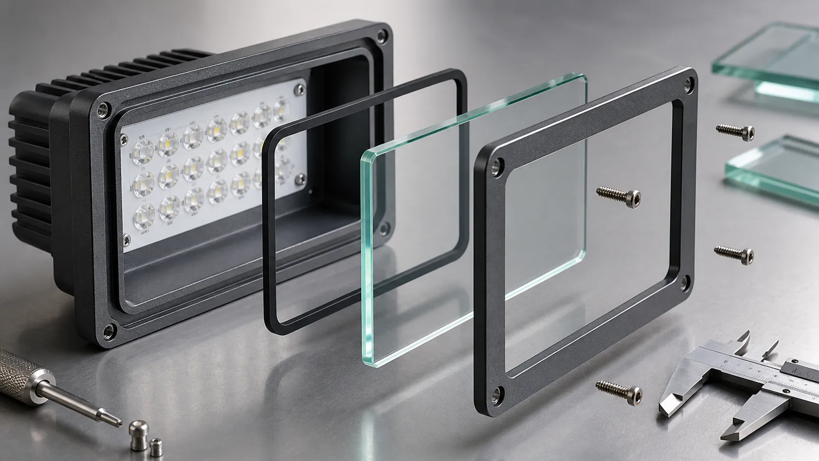 How does the glass cover cooperate with the housing and gasket to form a reliable sealing structure?