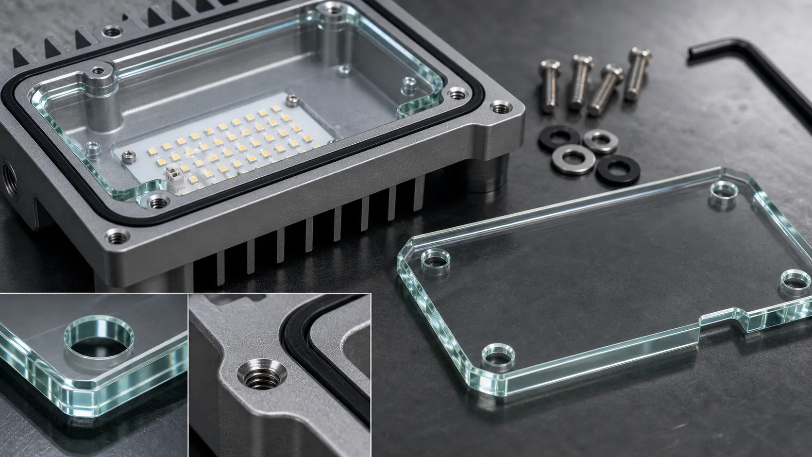How do glass openings, edges and chamfers affect outdoor light fixture assembly?