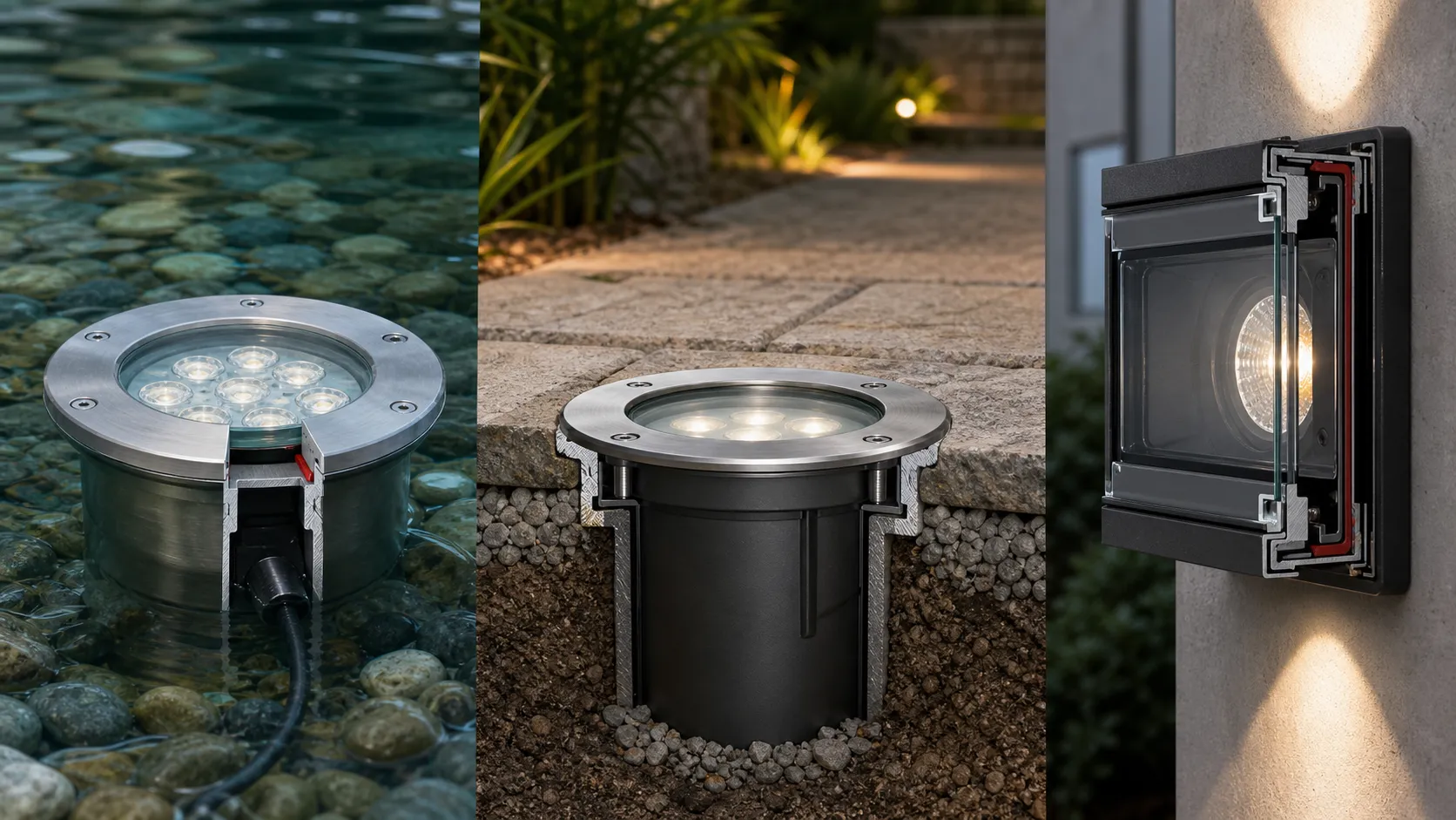 What are the differences in glass sealing points between underwater lights, underground lights and wall lights?