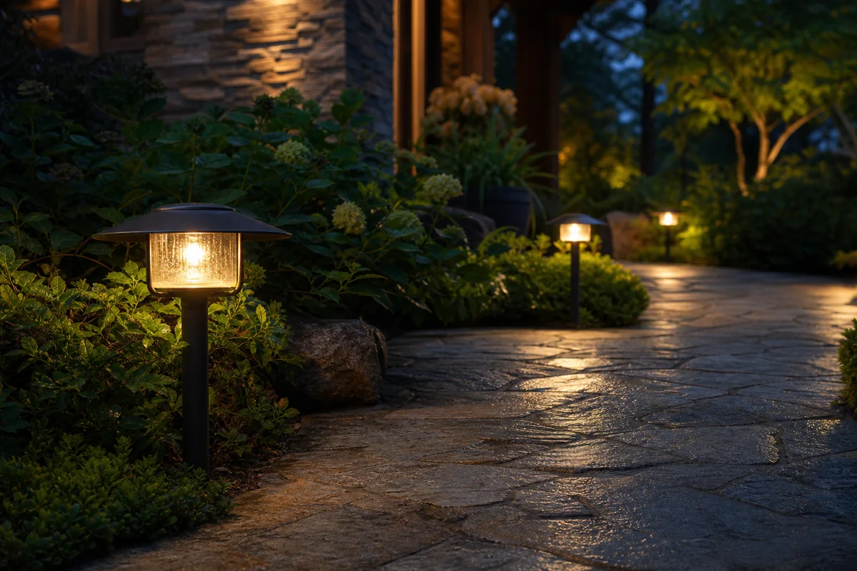 Diffusing glass path lights illuminating a wet landscaped garden walkway