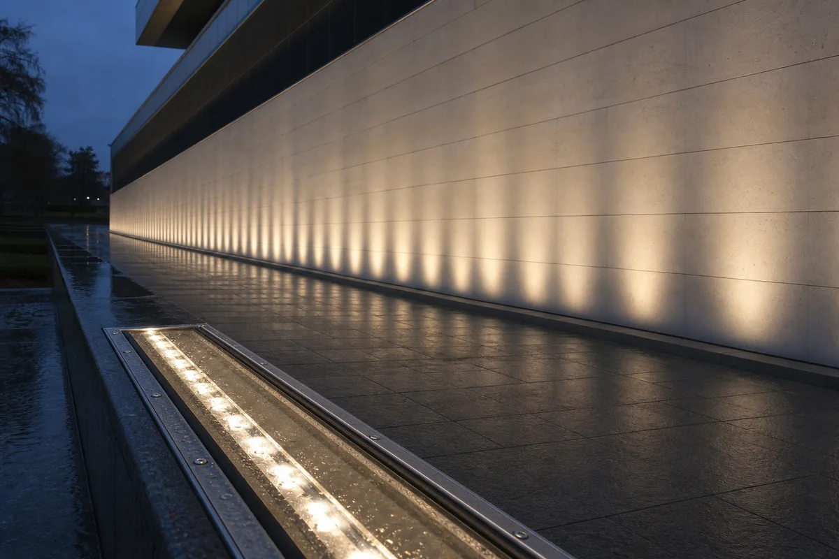 Linear wall-washer protective glass creating an even beam on a building facade