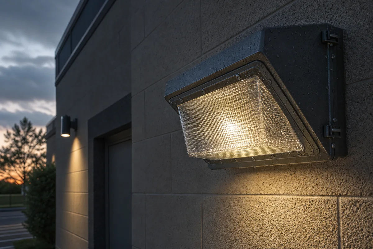 Rain-wet outdoor wall-pack luminaire with textured protective cover glass