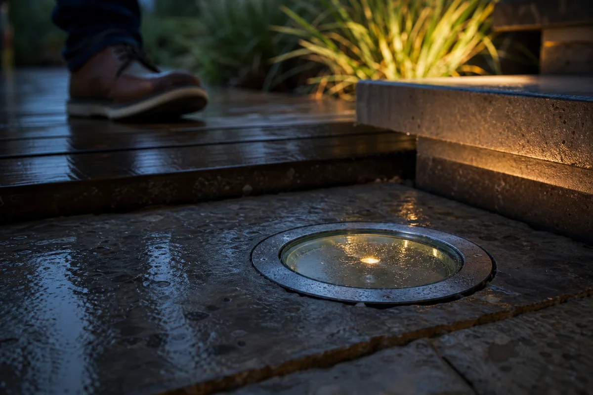 Flush in-ground light with protective cover glass beside wet steps and decking