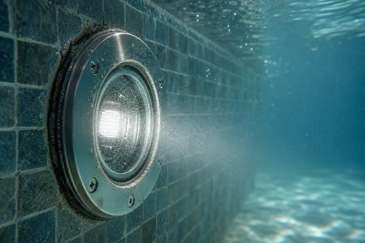 Sealed underwater pool luminaire with thick protective cover glass