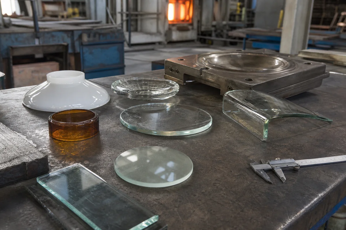 Lighting glass materials, formed parts, mold, and inspection tools on a factory bench