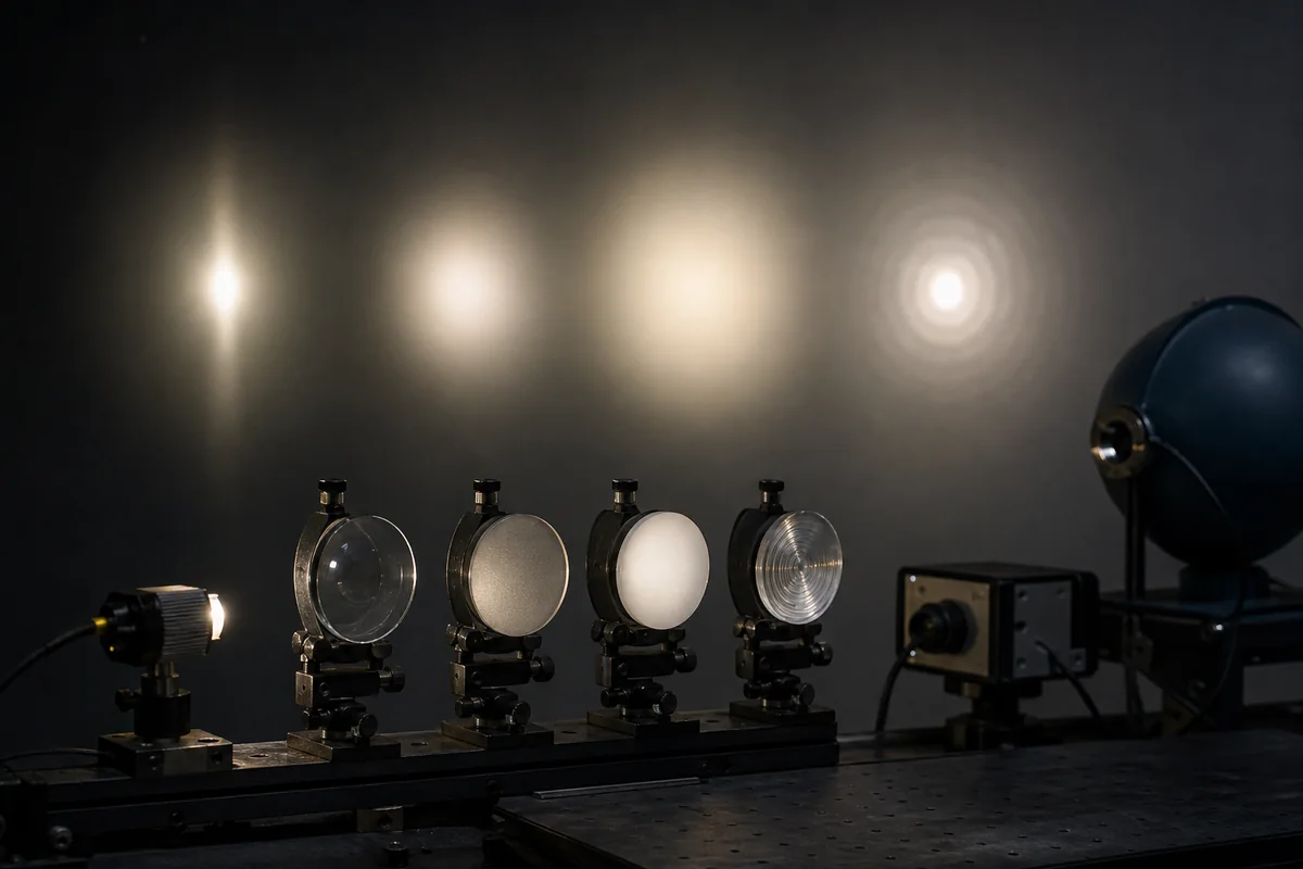 Optical test bench comparing clear, frosted, opal, and molded glass samples