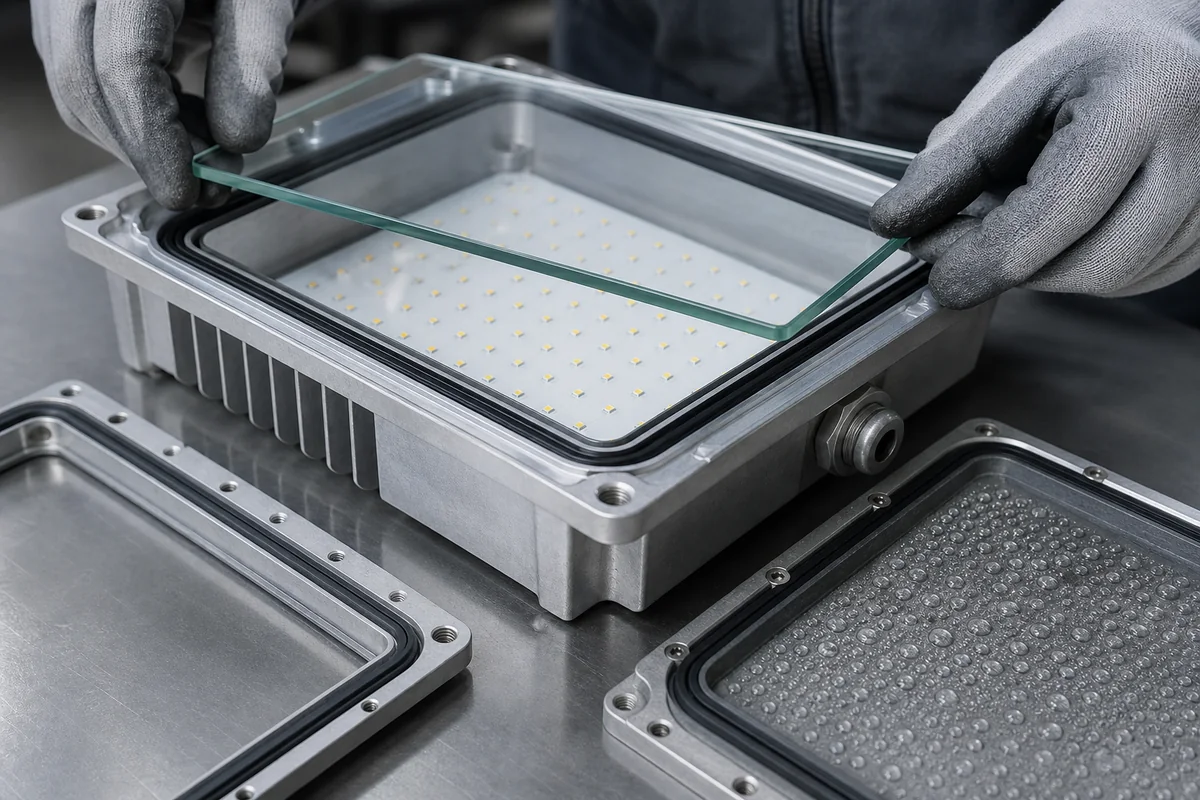 Protective cover glass being assembled onto a gasketed outdoor luminaire housing