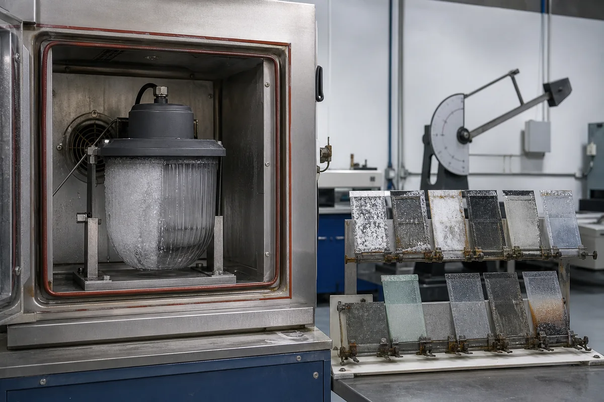 Outdoor luminaire glass undergoing environmental and impact test preparation