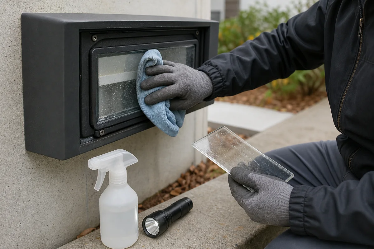 Technician cleaning and inspecting outdoor-lighting protective cover glass