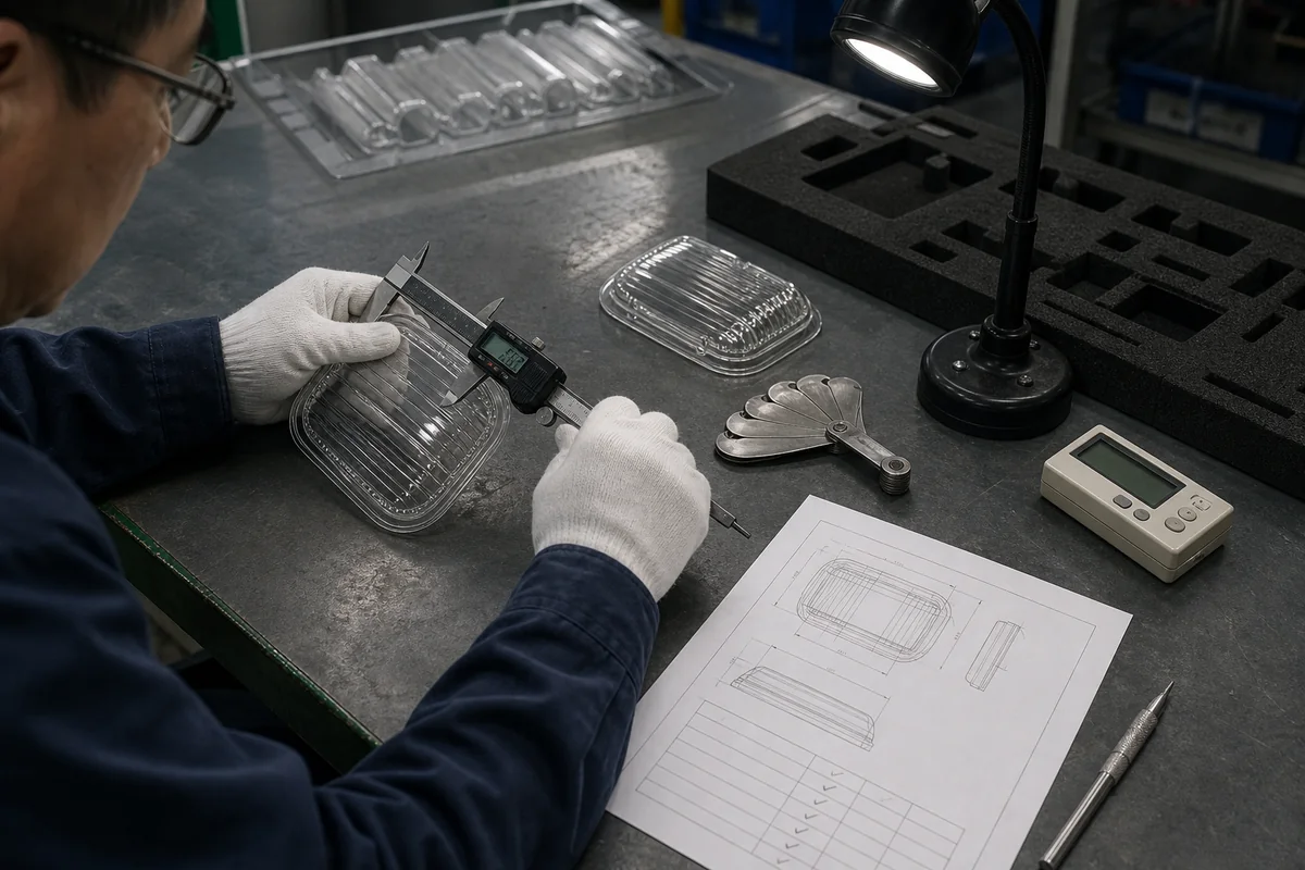 Inspector measuring molded lighting glass beside quality-control tools and packaging