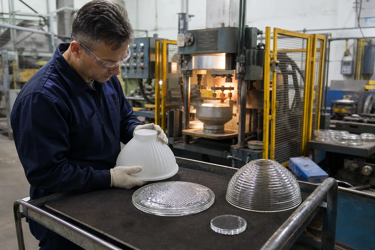 Glass factory technician inspecting custom outdoor-lighting glass components