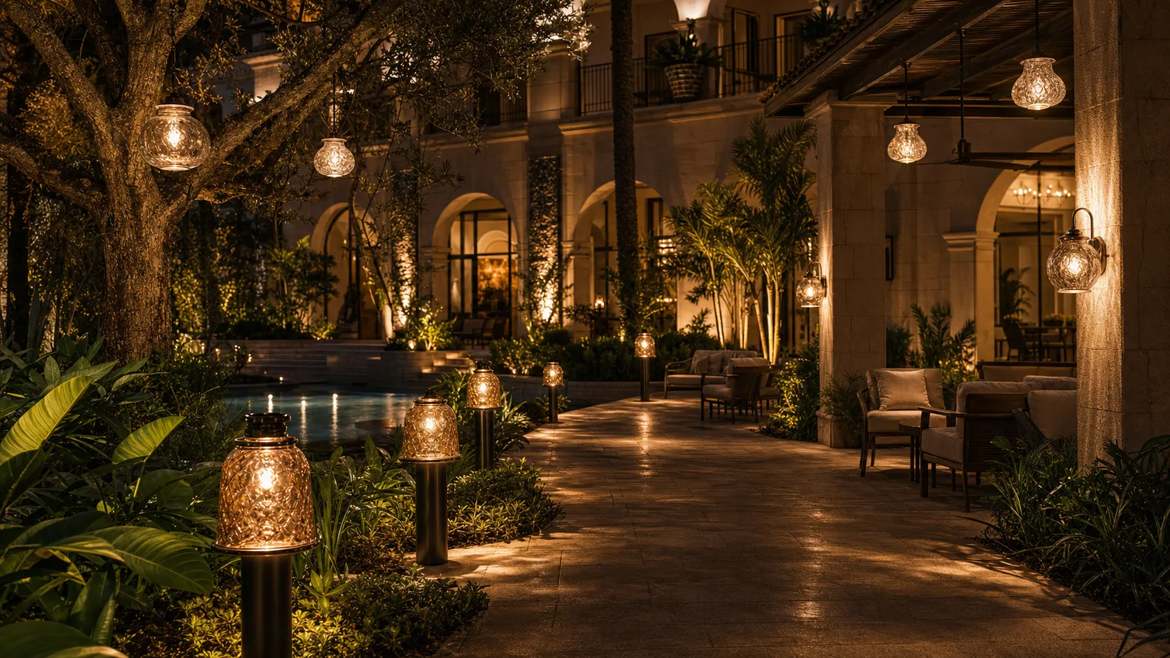 How do high-end hotel and villa projects use glass shades to enhance the atmosphere?