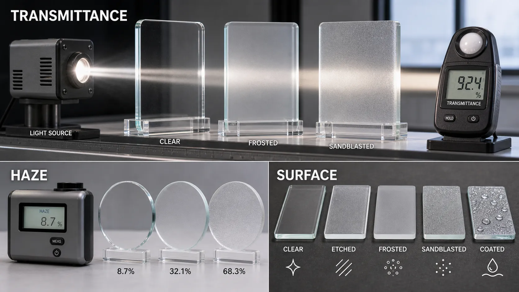 How are transmittance, haze and surface treatment confirmed at the sample stage?