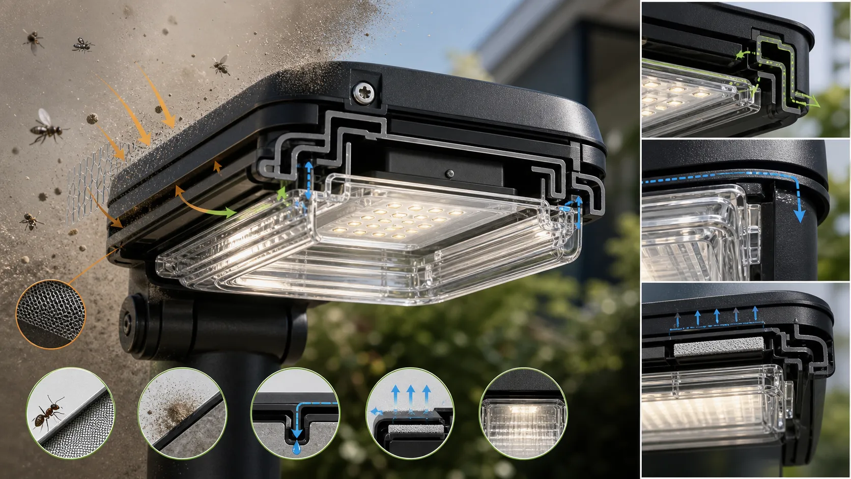How can the glass cover of outdoor lighting fixtures reduce insect intrusion, dust accumulation and maintenance frequency through structural design?