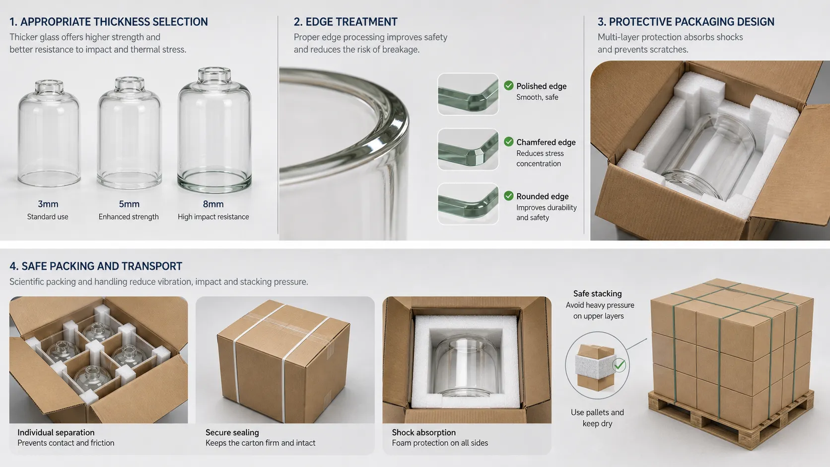 How can the risk of glass breakage be reduced through thickness, edge treatment and packaging design?