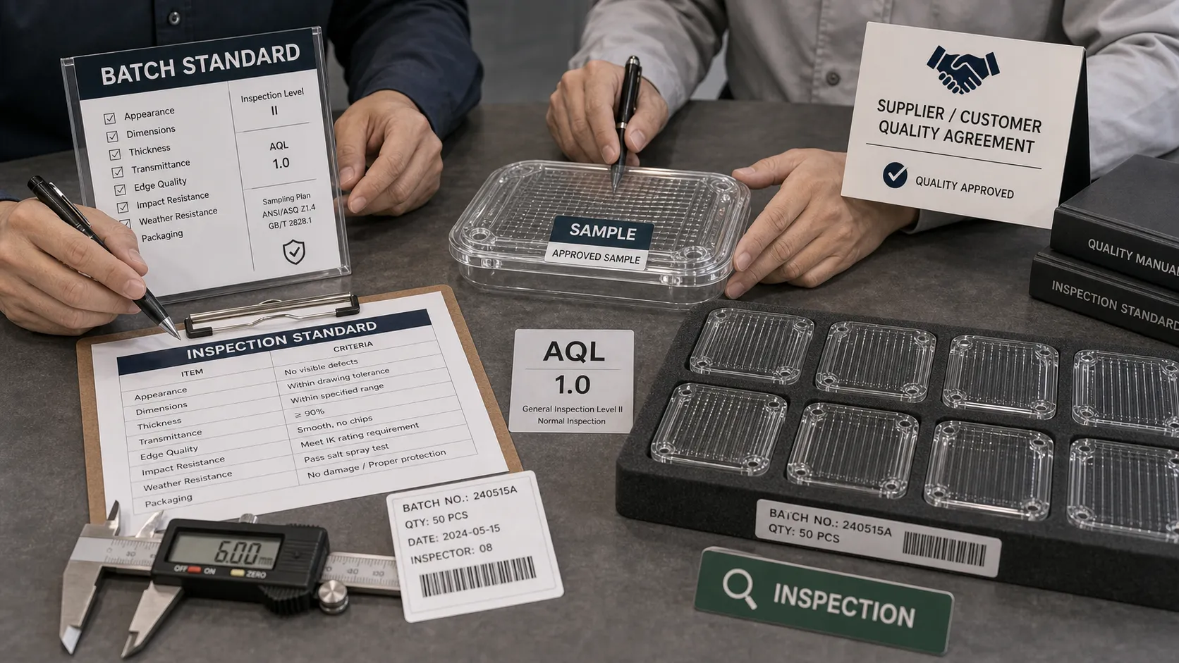How do customers agree on incoming materials and batch inspection standards for outdoor lighting glass components?