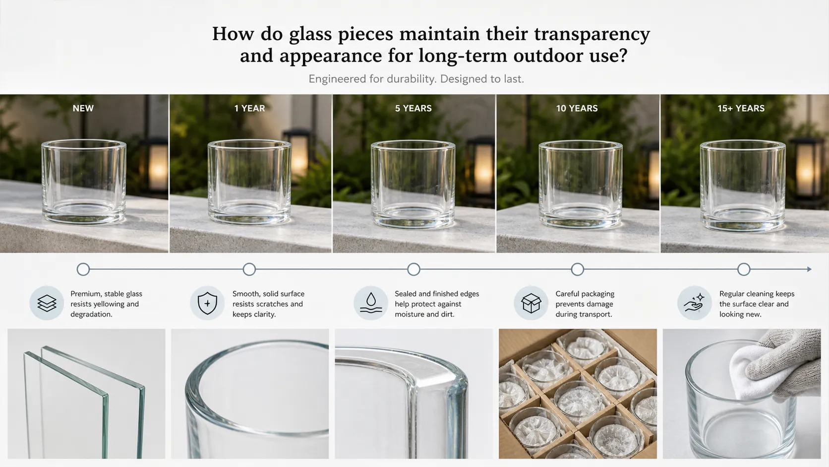 How do glass pieces maintain their transparency and appearance for long-term outdoor use?