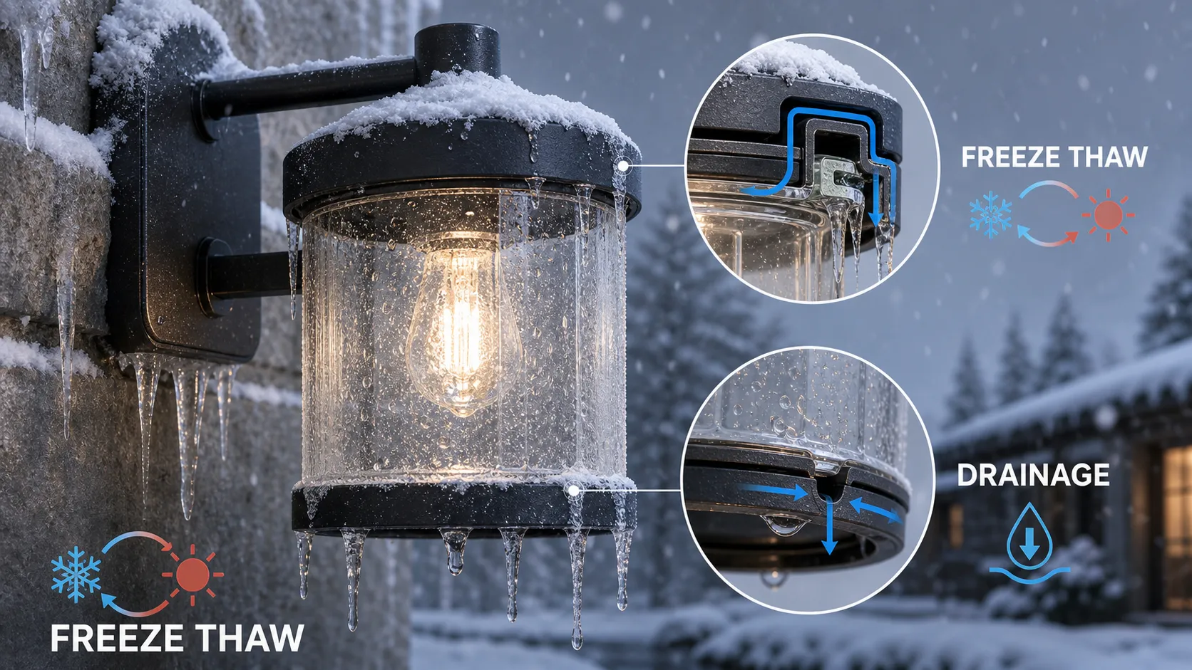 How do outdoor glass shades in cold areas deal with ice, snow, freezing and thawing?