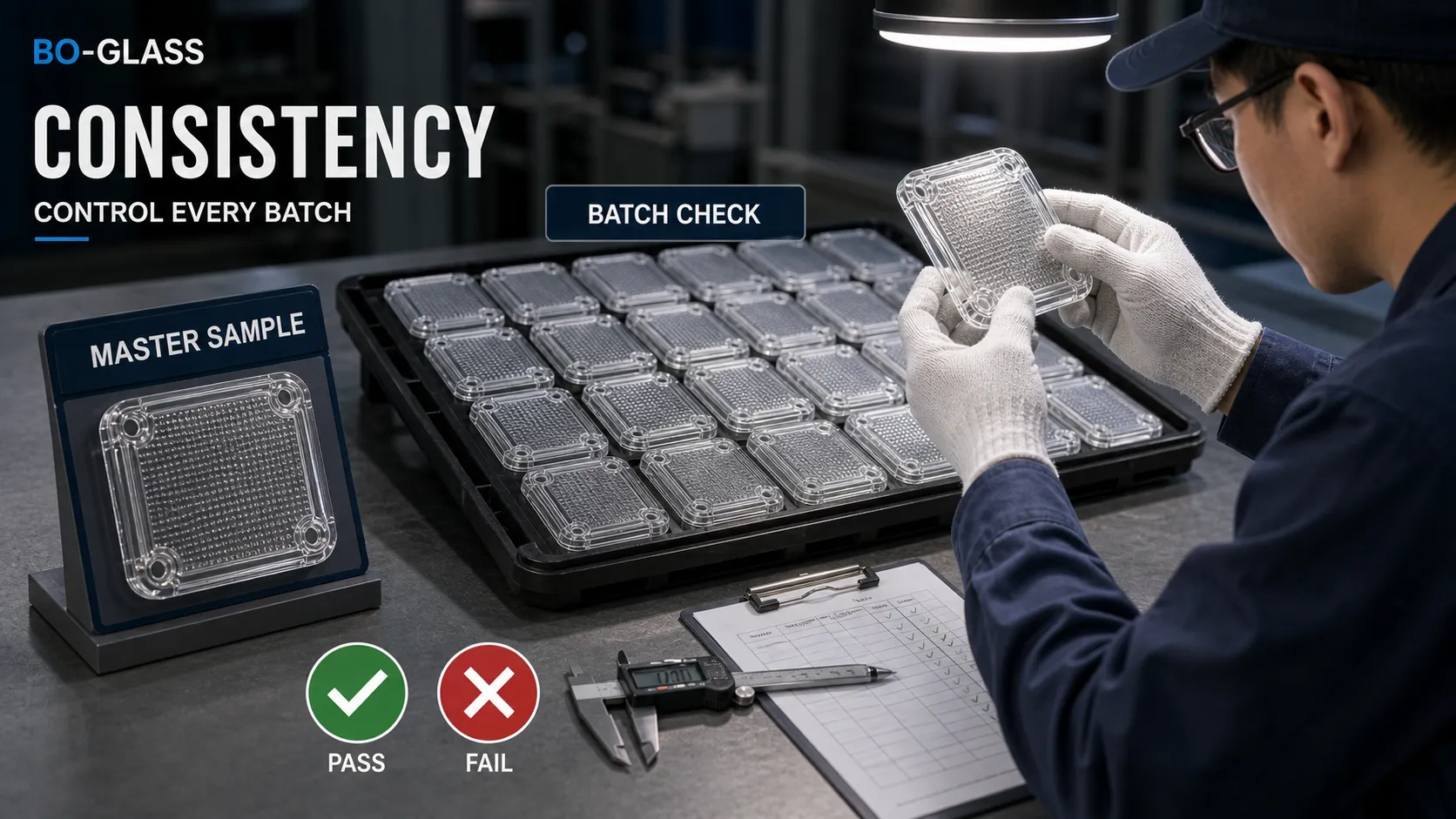 How does BO-GLASS control batch consistency through sample standards and in-process inspection?