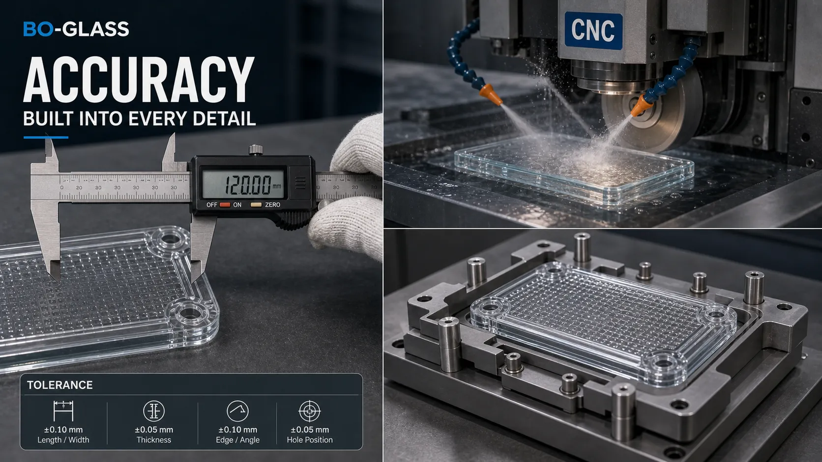 How does BO-GLASS control the critical dimensions and processing accuracy of outdoor lighting glass components?