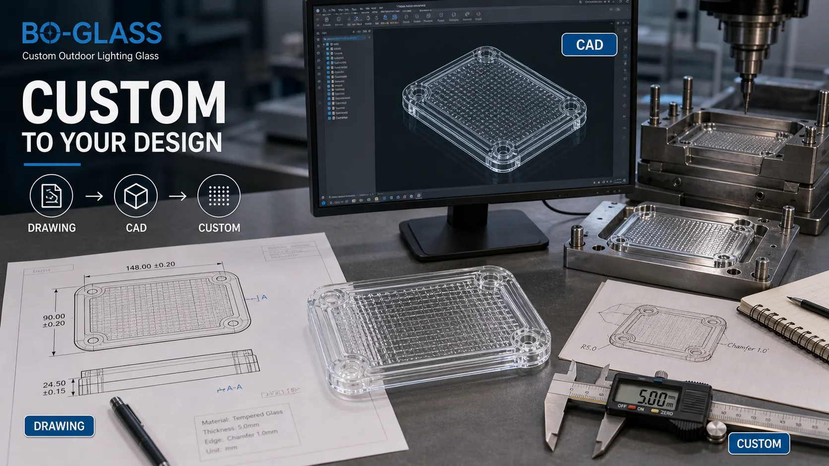 How does BO-GLASS customize outdoor lighting glass according to customer drawings?