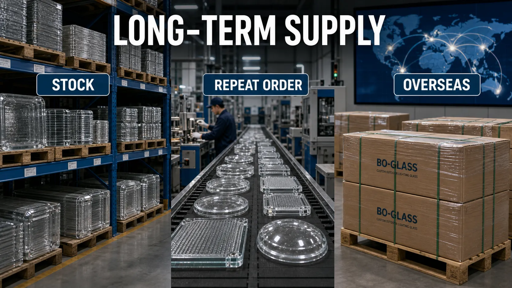 How does BO-GLASS provide long-term supply services for overseas outdoor lighting manufacturers?