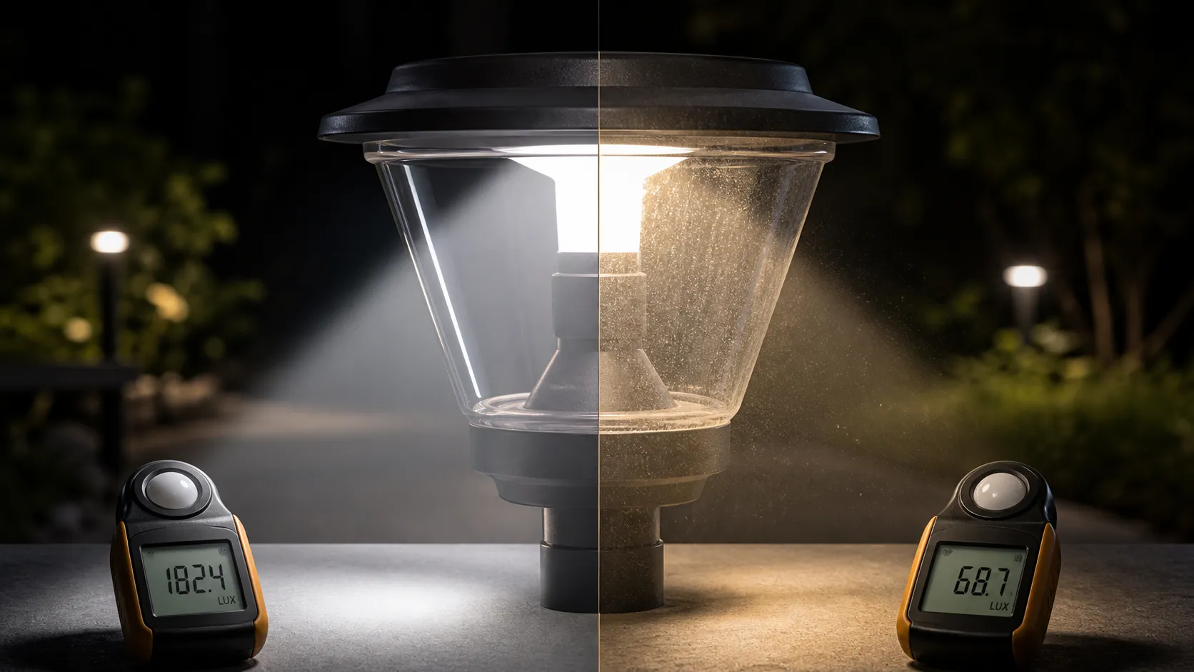 How much light decay will a glass shade that is not cleaned for a long time cause?