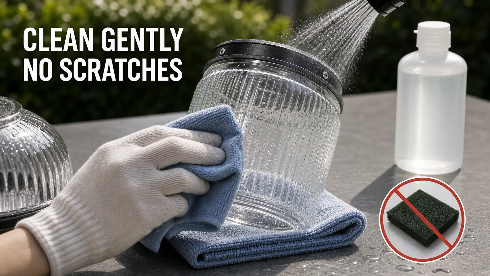 How should outdoor glass shades be cleaned to avoid scratches?