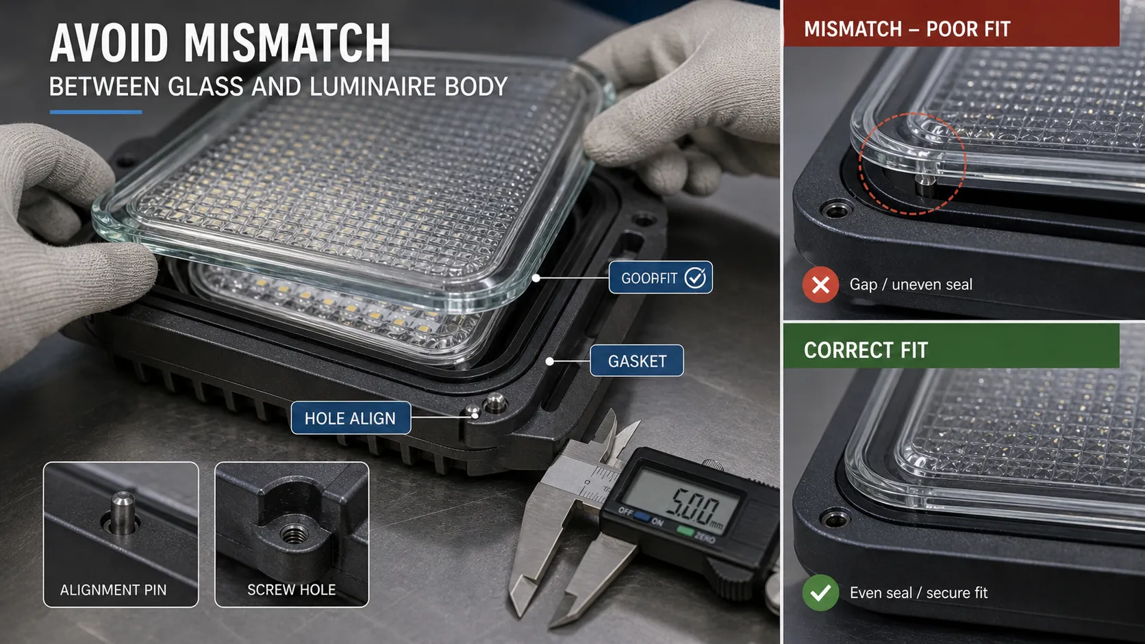 How to avoid mismatch between glass components and luminaire body assembly?